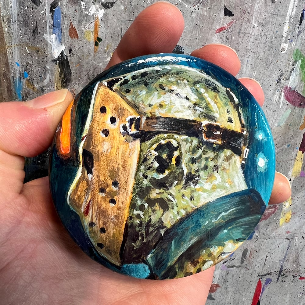 "Slap Shot" III - original acrylic painting on hockey puck with custom stand
