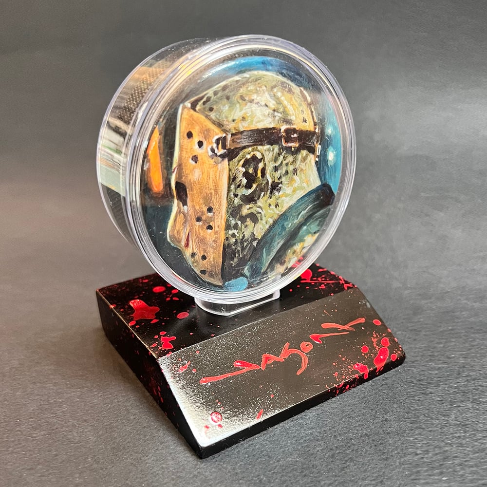 "Slap Shot" III - original acrylic painting on hockey puck with custom stand