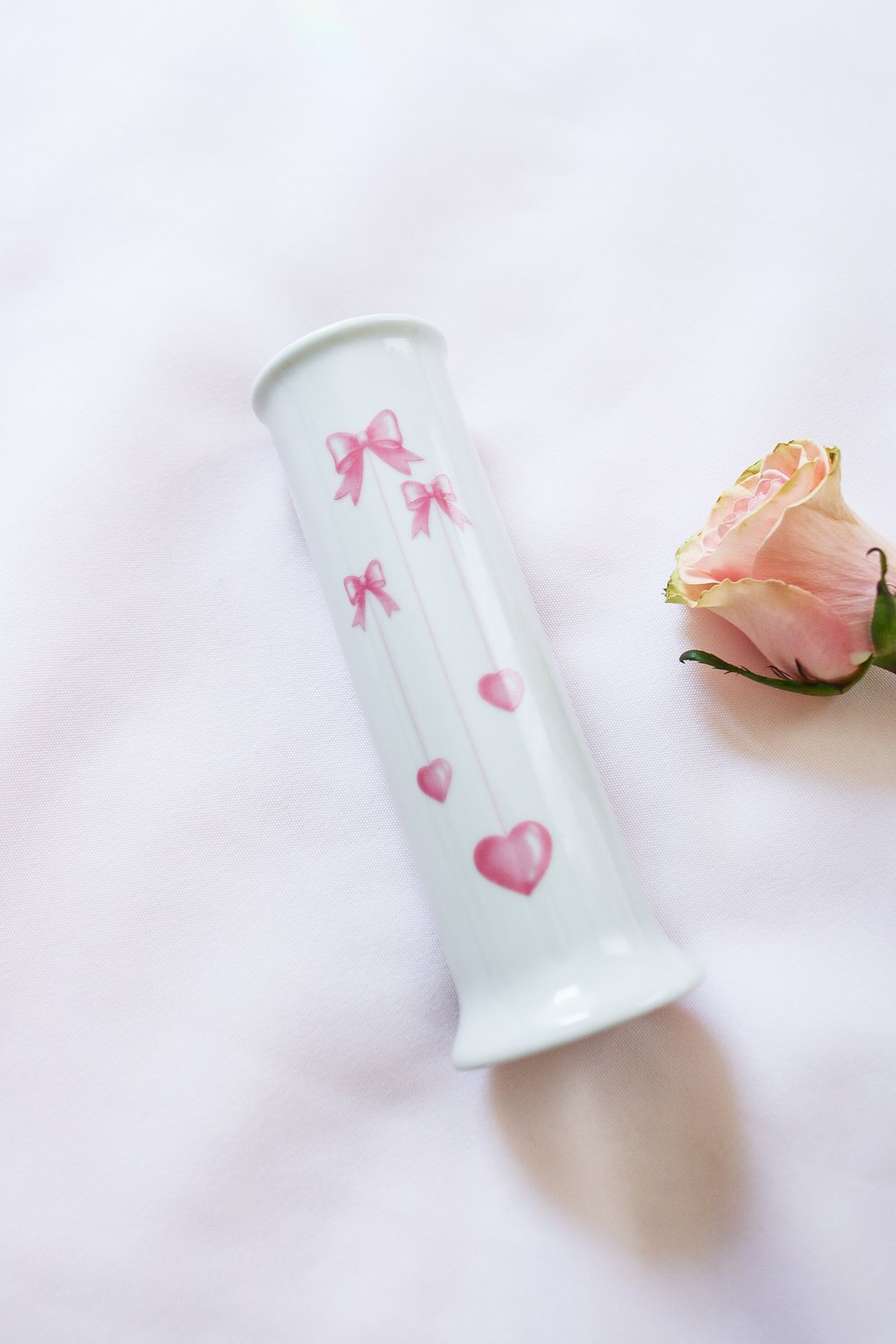 Vintage 1980s FDTA White Porcelain Slim Vase with Pink Heart Balloons 