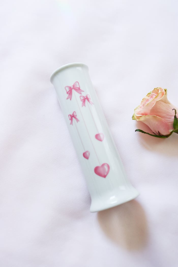 Vintage 1980s FDTA White Porcelain Slim Vase with Pink Heart Balloons 