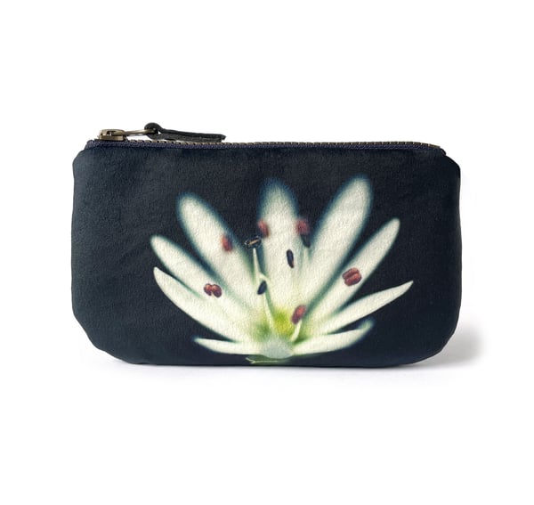 Image of Stitchwort flower, printed velvet zipper bag