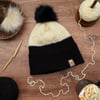 Two Toned Knit Hat with Faux Fur Pom- Black & Cream