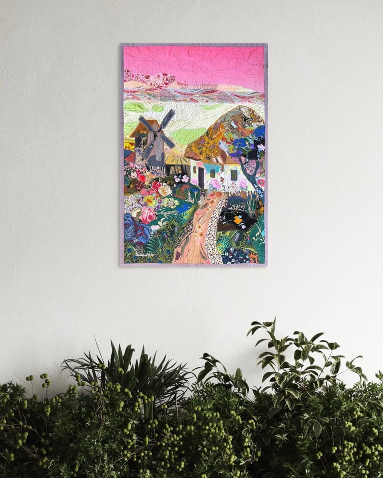 'Dream Under a Pink Sky' - floral and landscape wall decor, 78x51,5cm