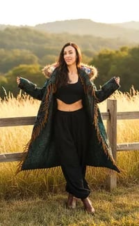 Image 12 of Blue Paisley Hooded Festival Coat – Acrylic Wool Wizard Cloak, Boho Fur Fringe Jacket
