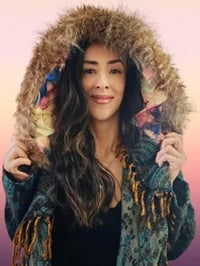 Image 1 of Blue Paisley Hooded Festival Coat – Acrylic Wool Wizard Cloak, Boho Fur Fringe Jacket