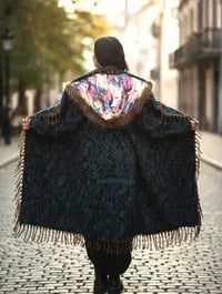 Image 7 of Blue Paisley Hooded Festival Coat – Acrylic Wool Wizard Cloak, Boho Fur Fringe Jacket