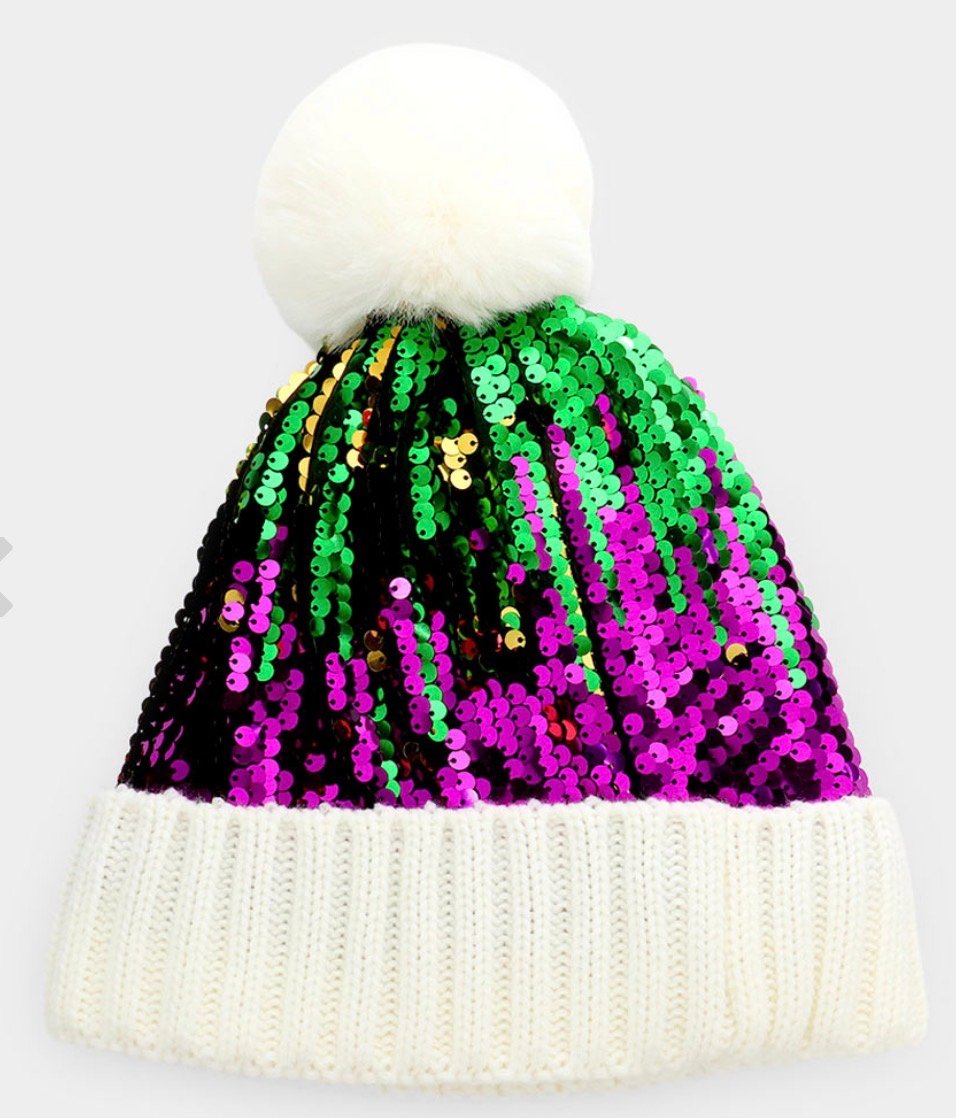 Image of SEQUIN POM POM BEANIE HAT