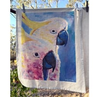 Image 2 of "Close Quarters" - Sulphur-crested Cockatoo Tea Towel (White or Natural Cotton)