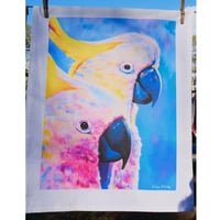 Image 1 of "Close Quarters" - Sulphur-crested Cockatoo Tea Towel (White or Natural Cotton)
