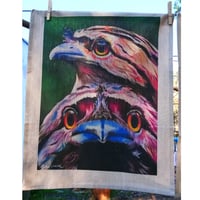 Image 1 of "Night Watch" - Tawny Frogmouth Tea Towel (White or Natural Cotton)