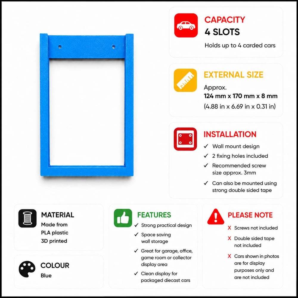 Image of Carded Diecast Car Display Frame Wall Mount Holder Hot Wheels Matchbox Blue