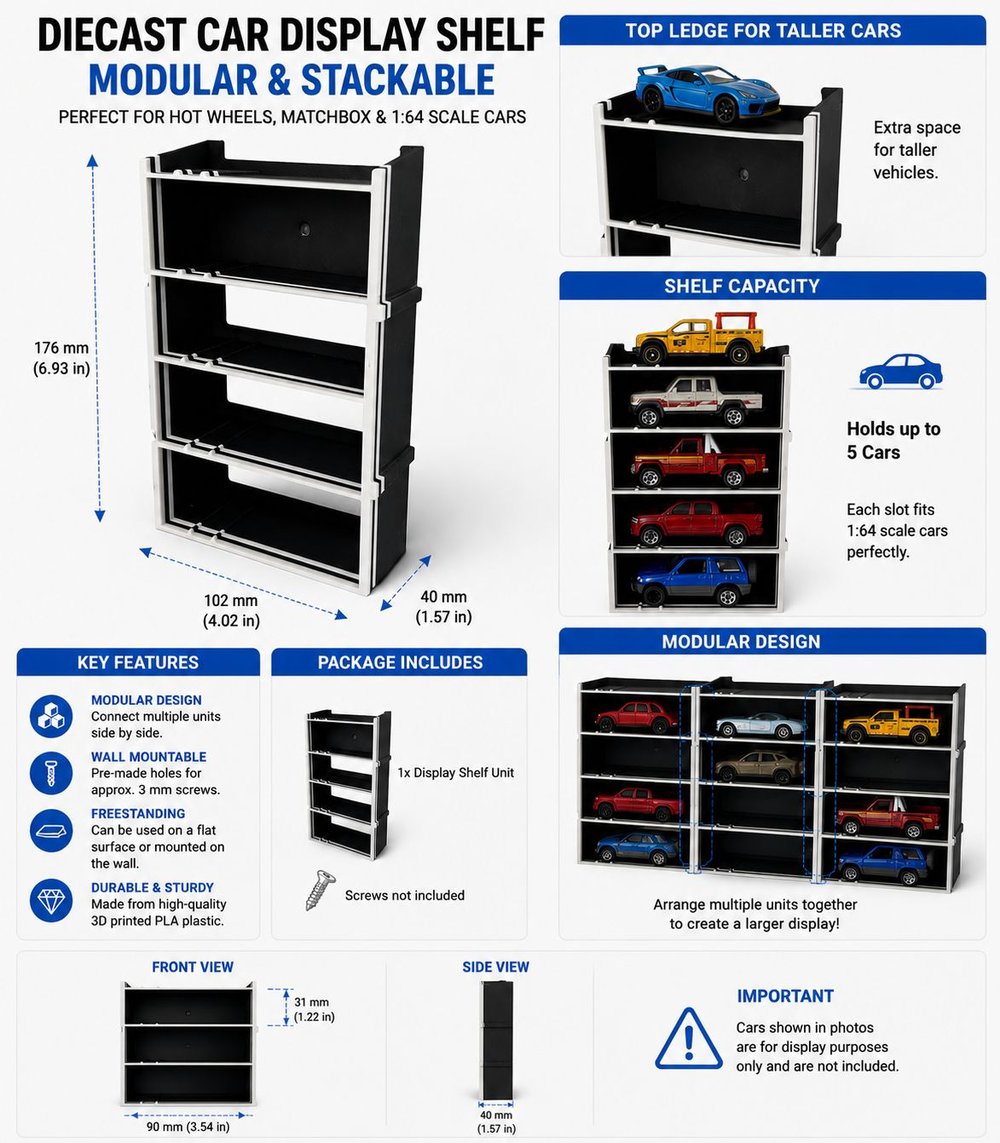 Image of Modular 1:64 Diecast Car Display Shelf for Hot Wheels & Matchbox 5 Slots