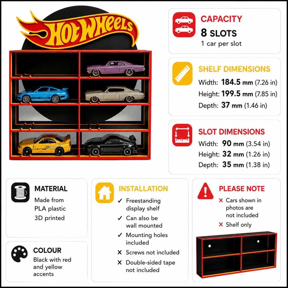 Image of Display Shelf for 8 Diecast Cars Storage Organizer Hot Wheels Themed