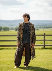 Image 7 of Hooded Fringe Festival Coat: Black & Gold Paisley, Jumbo Hood