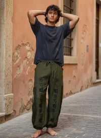 Image 11 of Classic Green Cotton Harem Pants with Om Print – Unisex Boho Yoga Beach Pants