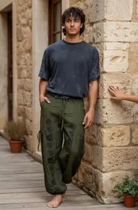 Image 12 of Classic Green Cotton Harem Pants with Om Print – Unisex Boho Yoga Beach Pants