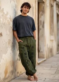 Image 14 of Classic Green Cotton Harem Pants with Om Print – Unisex Boho Yoga Beach Pants