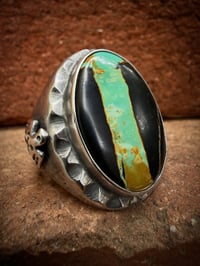 Image 1 of WL&A Handmade Heavy Sterling Black Jack Minty Green Ribbon Thunderbird Oval Signet Ring - Size 10