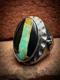 Image 2 of WL&A Handmade Heavy Sterling Black Jack Minty Green Ribbon Thunderbird Oval Signet Ring - Size 10