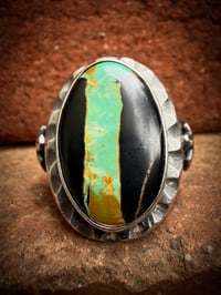 Image 3 of WL&A Handmade Heavy Sterling Black Jack Minty Green Ribbon Thunderbird Oval Signet Ring - Size 10