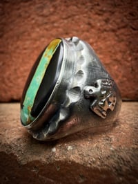 Image 4 of WL&A Handmade Heavy Sterling Black Jack Minty Green Ribbon Thunderbird Oval Signet Ring - Size 10