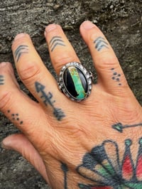 Image 6 of WL&A Handmade Heavy Sterling Black Jack Minty Green Ribbon Thunderbird Oval Signet Ring - Size 10