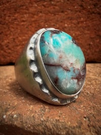 Image 1 of WL&A Handmade High Grade Quartz Bisbee Turquoise Sterling Oval Signet Ring - Size 11