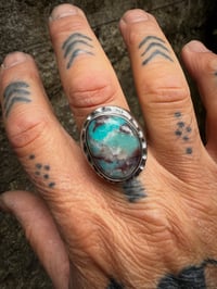 Image 4 of WL&A Handmade High Grade Quartz Bisbee Turquoise Sterling Oval Signet Ring - Size 11