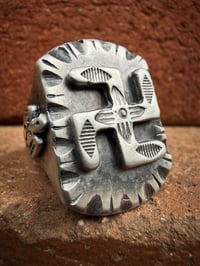 Image 1 of WL&A Heavy Old Style Sterling Silver Whirling Log x Thunderbird Signet - Size 13