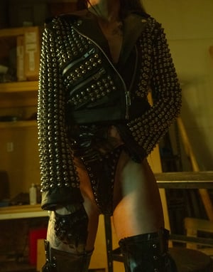 Image of Toxic Vision Woke Up and Chose Violence studded biker jacket SMALLER SIZE