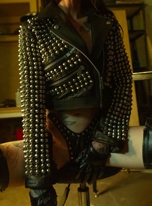Image of Toxic Vision Woke Up and Chose Violence studded biker jacket SMALLER SIZE
