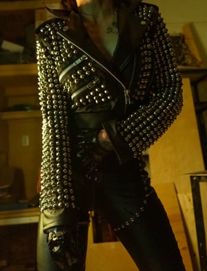 Image of Toxic Vision Woke Up and Chose Violence studded biker jacket LARGER SIZE