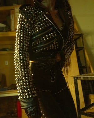 Image of Toxic Vision Woke Up and Chose Violence studded biker jacket LARGER SIZE