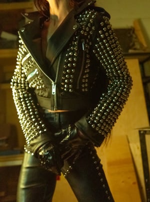 Image of Toxic Vision Woke Up and Chose Violence studded biker jacket LARGER SIZE