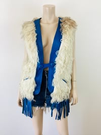 Image 1 of Vintage 1970s Mongolian Fur &  Blue Leather Fringe Vest Jacket