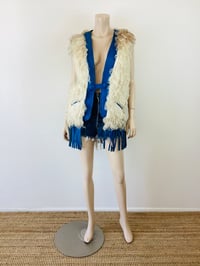 Image 2 of Vintage 1970s Mongolian Fur &  Blue Leather Fringe Vest Jacket