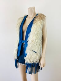 Image 3 of Vintage 1970s Mongolian Fur &  Blue Leather Fringe Vest Jacket
