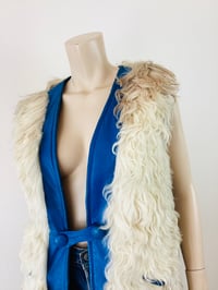 Image 4 of Vintage 1970s Mongolian Fur &  Blue Leather Fringe Vest Jacket