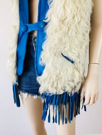 Image 5 of Vintage 1970s Mongolian Fur &  Blue Leather Fringe Vest Jacket