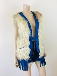 Image 6 of Vintage 1970s Mongolian Fur &  Blue Leather Fringe Vest Jacket