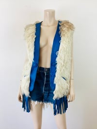 Image 7 of Vintage 1970s Mongolian Fur &  Blue Leather Fringe Vest Jacket
