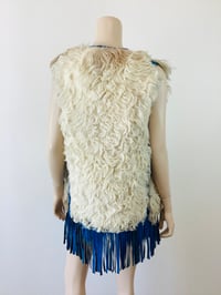 Image 8 of Vintage 1970s Mongolian Fur &  Blue Leather Fringe Vest Jacket