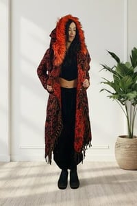 Image 11 of Hooded Faux Fur Fringe Coat - Orange Paisley