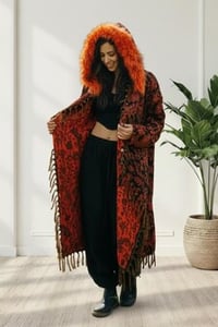 Image 13 of Hooded Faux Fur Fringe Coat - Orange Paisley