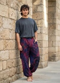 Image 12 of Thai Tie Dye Psy Pants Cotton – Relaxed Fit Festival Trousers Cinch - Pink Purple - 476