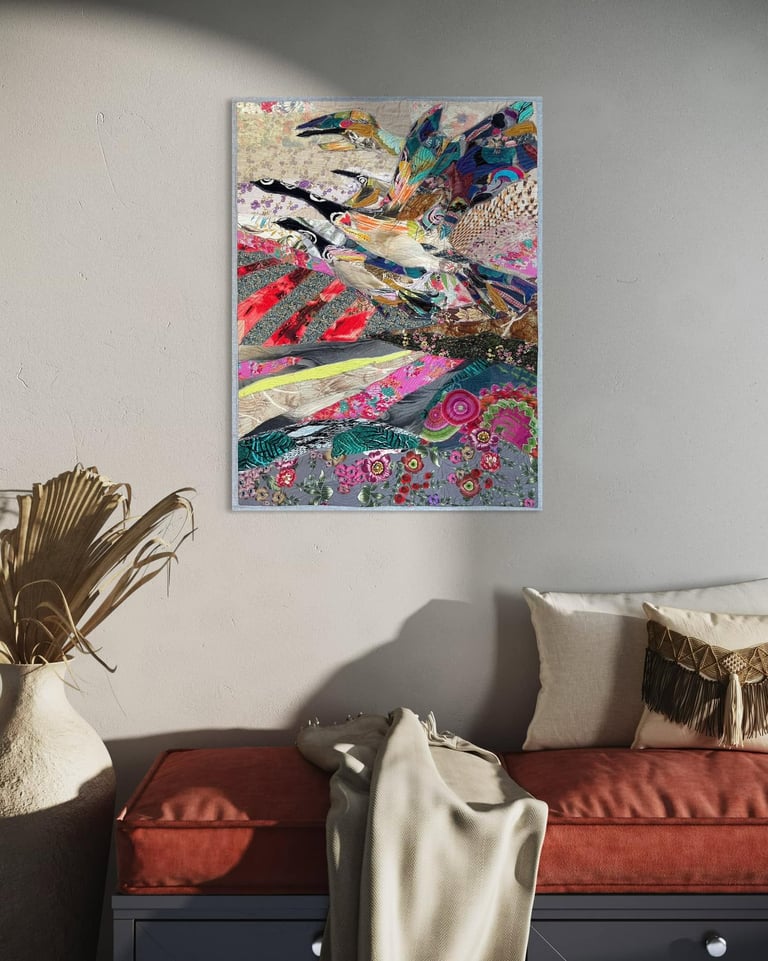 Wedge of Cranes - Original Art Quilt, Contemporary Nature Artwork, Bird Lover Gift, 76 x 57 cm Image 4