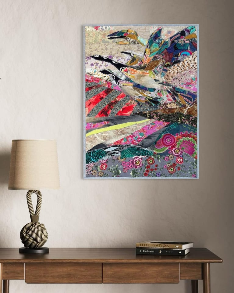 Wedge of Cranes - Original Art Quilt, Contemporary Nature Artwork, Bird Lover Gift, 76 x 57 cm