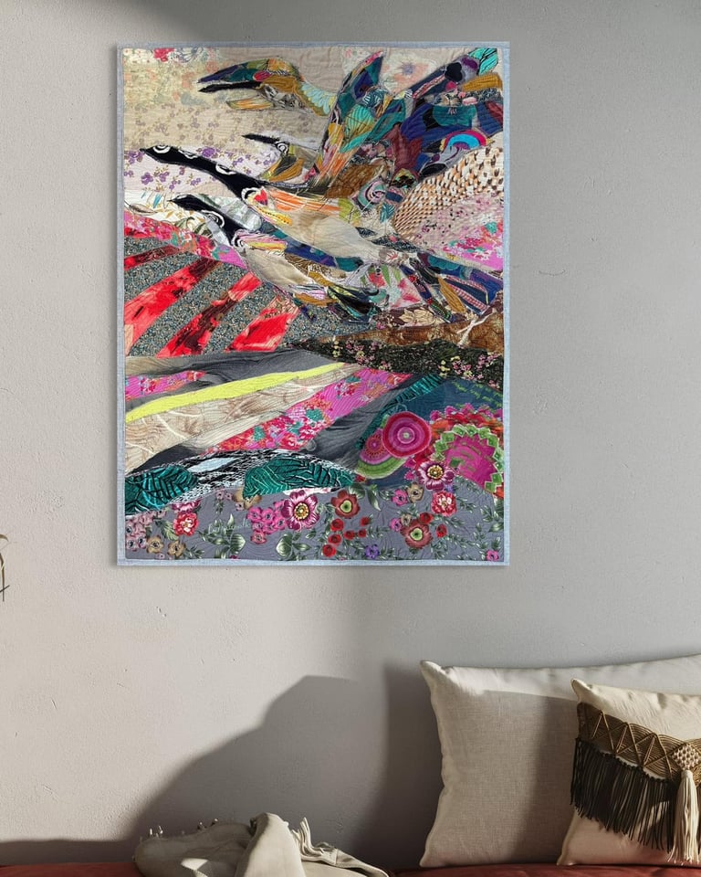 Wedge of Cranes - Original Art Quilt, Contemporary Nature Artwork, Bird Lover Gift, 76 x 57 cm Image 7