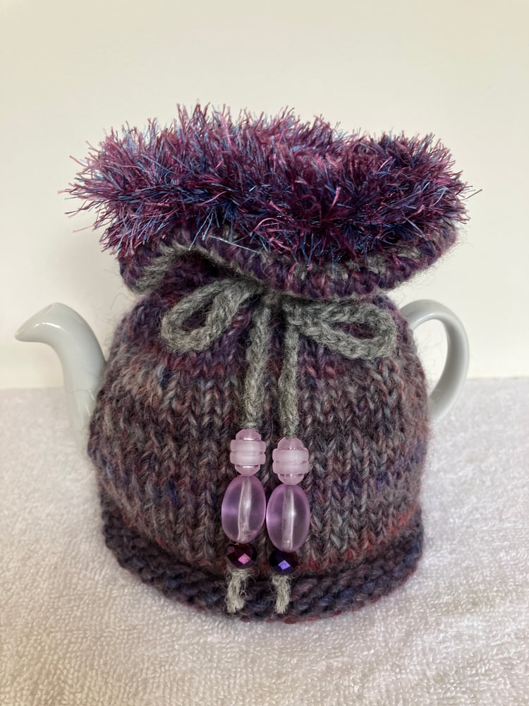 Image of small PURPLE TWEED Go On! tea cosie