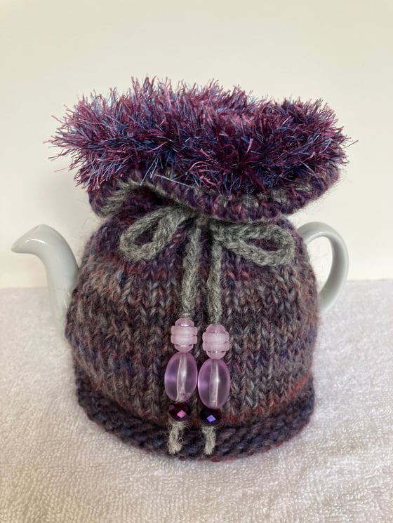 Image of small PURPLE TWEED Go On! tea cosie